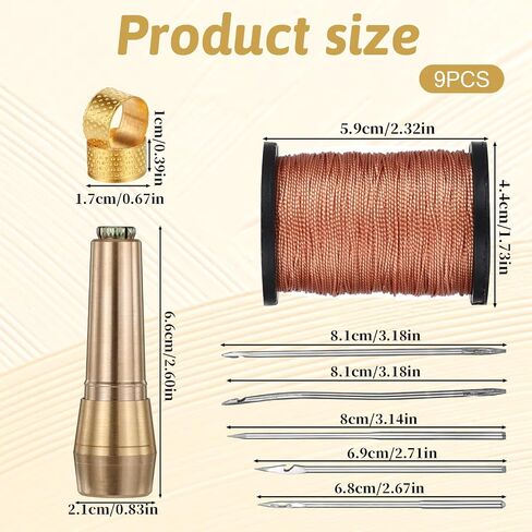 9pcs Canvas Leather Sewing Awl Needle with Copper Handle 45m Nylon Waxed Thread Cord with Thimble Assortment Kit Leather Sewing Tools for Canvas Shoe and Repair in Saudi Arabia