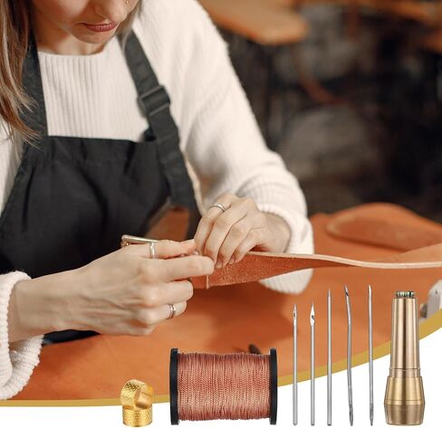 9pcs Canvas Leather Sewing Awl Needle with Copper Handle 45m Nylon Waxed Thread Cord with Thimble Assortment Kit Leather Sewing Tools for Canvas Shoe and Repair in Saudi Arabia
