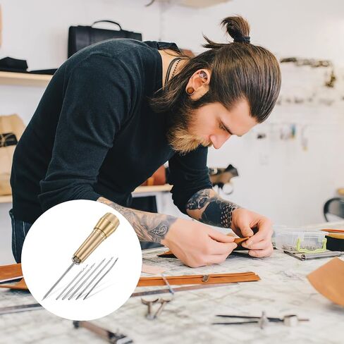 9pcs Canvas Leather Sewing Awl Needle with Copper Handle 45m Nylon Waxed Thread Cord with Thimble Assortment Kit Leather Sewing Tools for Canvas Shoe and Repair in Saudi Arabia
