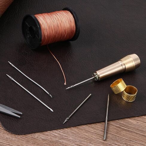 9pcs Canvas Leather Sewing Awl Needle with Copper Handle 45m Nylon Waxed Thread Cord with Thimble Assortment Kit Leather Sewing Tools for Canvas Shoe and Repair in Saudi Arabia