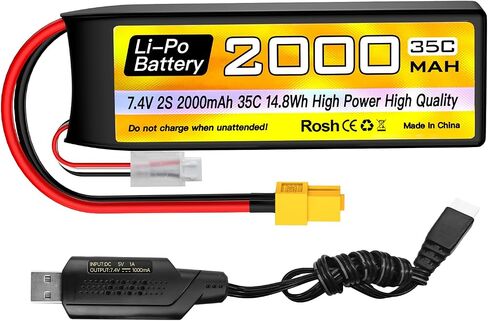 sea jump 2S Lipo Battery 7.4V 2000mAh 35C with XT60 Plug and USB Charging Cable Suitable for RC Car, Truck, RC Boat, Quadcopter Aircraft, FPV Drone Battery in Saudi Arabia