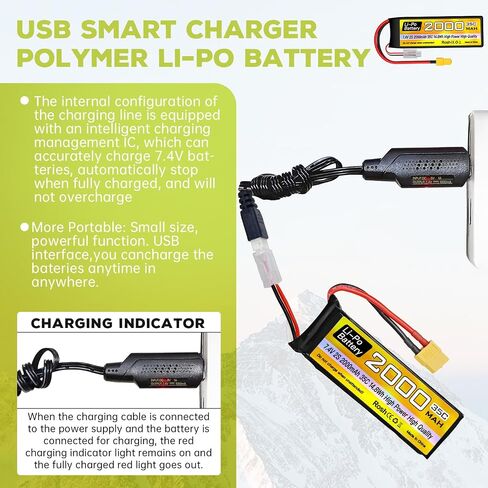 sea jump 2S Lipo Battery 7.4V 2000mAh 35C with XT60 Plug and USB Charging Cable Suitable for RC Car, Truck, RC Boat, Quadcopter Aircraft, FPV Drone Battery in Saudi Arabia