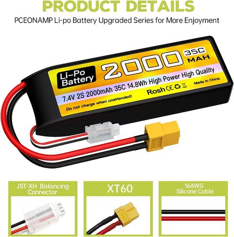 sea jump 2S Lipo Battery 7.4V 2000mAh 35C with XT60 Plug and USB Charging Cable Suitable for RC Car, Truck, RC Boat, Quadcopter Aircraft, FPV Drone Battery in Saudi Arabia