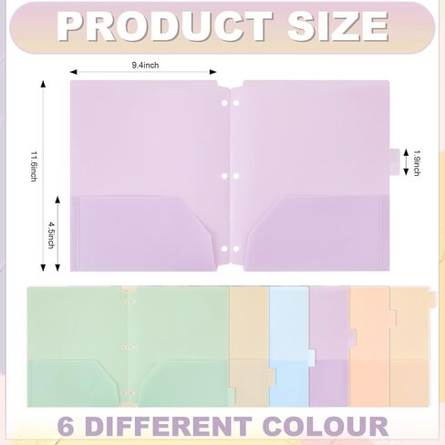 Honoson 12 Pcs Plastic Folders with Clear Front Pocket 3 Hole Punched Folders for 3 Ring Binder 1/6 Cut Tabs for Office Classroom (Bright Colors) in Saudi Arabia