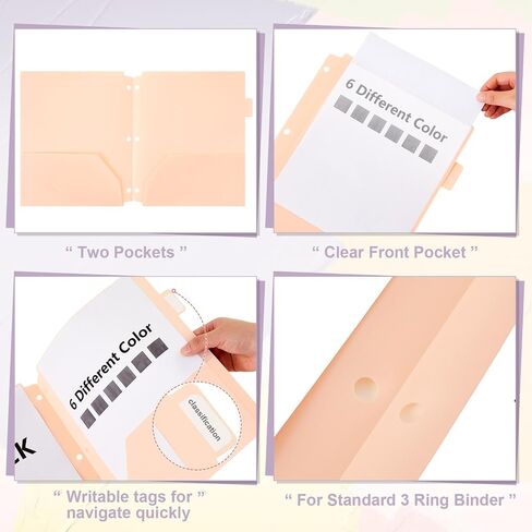Honoson 12 Pcs Plastic Folders with Clear Front Pocket 3 Hole Punched Folders for 3 Ring Binder 1/6 Cut Tabs for Office Classroom (Bright Colors) in Saudi Arabia