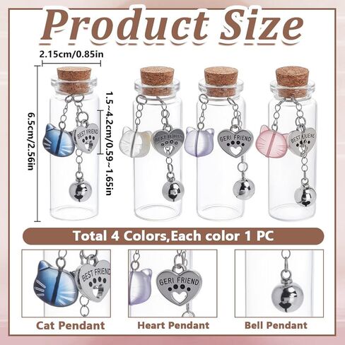 4pcs Pet Fur Memorial Jar 4 أنماط شفافة زجاجية فارغة زجاجة زجاجة زجاجة يوسك مع أجراس Cat Charm Heart Plaque Val in Kuwait