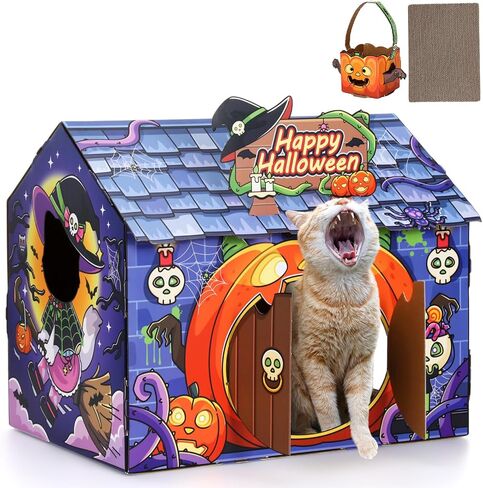 Soulchen Halloween Cat Catboard House with Scratcher Skull Purple Haunted House Design Design Beds مع باب اليقطين 17.7x14.6x13 بوصة in Saudi Arabia