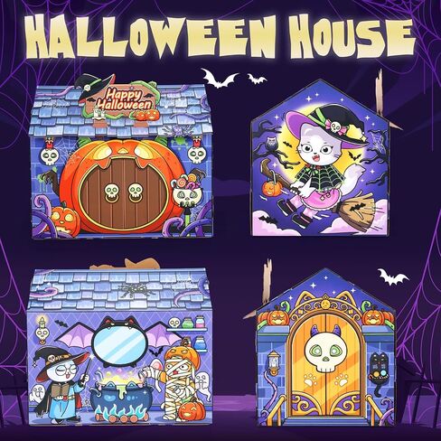 Soulchen Halloween Cat Catboard House with Scratcher Skull Purple Haunted House Design Design Beds مع باب اليقطين 17.7x14.6x13 بوصة in Saudi Arabia
