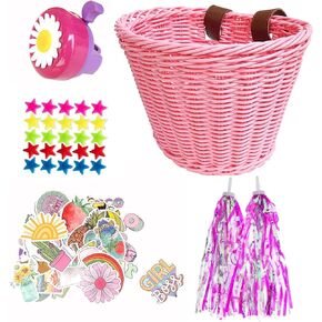 Girls Bike Decorations Accessories Kit,Kids Bike Basket Hand Woven Bicycle Basket,Child Bike Wheel Spoke Beads,Bike Streamers Tassel Ribbon, Bike Horn Bell and Stickers