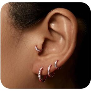 4 Pairs Sterling Silver Small Hoop Earrings Set Tiny Lightweight Cubic Zirconia Cuff Huggie Earrings Mini Hoops Cartilage Earring Silver Earrings Piercing Jewelry for Women Girls 6mm/8mm/10mm/12mm