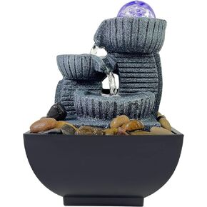 Tabletop Fountain with 3 Tiered Indoor Fountain Waterfall, Relaxation Zen Meditation Desktop Fountain Includes Natural River LED Light Rotating Ball for Home and Office Decoration