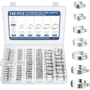 140 Pcs Hose Clamp Assortment Kit 304 Stainless Steel Hose Clamp 1/4''–1-1/2''(6-38mm) Worm Gear Clamps for Securing Pipe Hoses, Automotive, Fuel Line