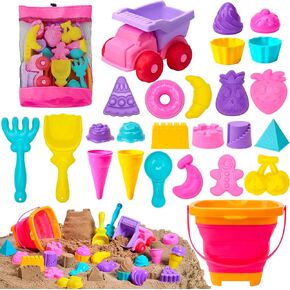 Sloosh Beach Sand Toys Set - Dump Truck Car Toys with Sand Molds for Toddlers Outdoor Play, Collapsible Foldable Buckets Mesh Bag Sand Shovels Castle Animal Mold Sets, Kids Ages Sandbox Toys (Animals)