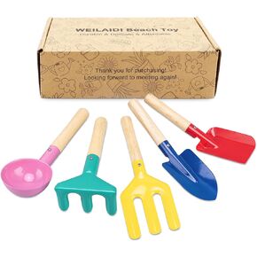 Beach Toys,5 Pcs Children Beach Sandbox Toys,8'' Kids Gardening Set Metal Garden Tools with Sturdy Wooden Handle,Safe Kids Shovel with Spoon, Fork, Rake, Flat Shovel & Pointed Shovel