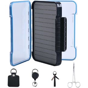 Goture HG006C Fly Fishing Box and Tools Kit, Fly Fishing Gear Fly Fishing Forceps, Fly Fishing Nipper, Line Leader Straightener, Zinger Retractor, Two-Sided Fly Box 5"L x 4"W x 1.7"H
