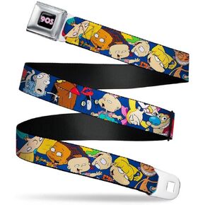 Nickelodeon Men's Buckle-Down Seatbelt Belt Nick 90's Kids, Nickel 'Sample Rewind Character Poses Navy Blue, 1.0" Wide-20-36
