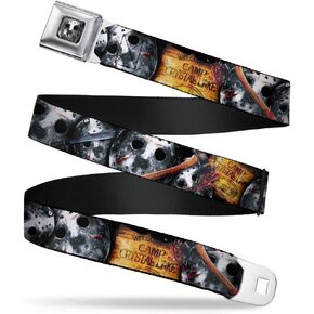 Buckle-Down Seatbelt Belt-FRIDAY THE 13th/WELCOME TO CAMP CRYSTAL LAKE/Jason Mask3 Stacked/Axe-1.0" Wide-20-36 Inches- Length
