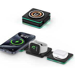 iPhone 15 Pro Max Magnetic Wireless Charger Stand 3 in 1 Foldable Travel 15W Fast MagSafe Wireless Charging Station Phone Wireless Charger Pad for iPhone 15 Plus 14 13 12 AirPods 3 2 Pro Watch Ultra 2