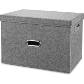 Large Linen Collapsible Storage Bins with Removable Lids and Handles, Washable Storage Box Containers Baskets Cube with Cover for Bedroom,Closet,Office,Living Room,Nursery (Grey, Large)