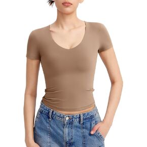 PUMIEY Women's V Neck Short Sleeve T Shirts Slim Fit Going Out Tops Sexy Basic Tee Sharp Collection