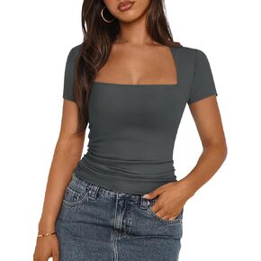Trendy Queen Women's Square Neck Tops Short Sleeve Shirts Going Out Tops 2024
