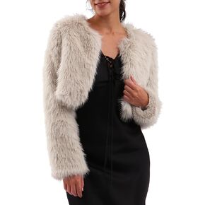 Amazhiyu Women's Faux Fur Cropped Coat Long Sleeve Open Front Winter Jacket