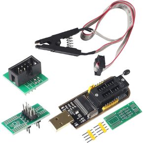 SOIC8 SOP8 Flash Chip IC BIOS USB Test Clip Socket Adapter + BIOS USB Programmer Module Kit Set for EEPROM CH341A 24 25 Series (Clip + USB)