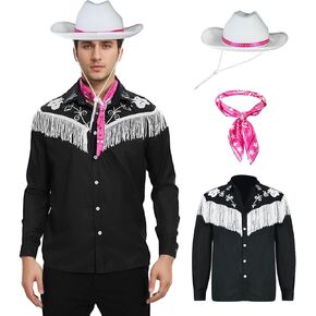 Cowboy Costume Adult Men with Hat Scarf,Western Long Sleeve Fringe Shirt Outfits for Halloween Party Cosplay