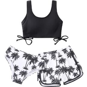 Girl's 3 Piece Bikini Bathing Suit Printed Sport Swimsuits with Shorts Cove Up Sets Teen Girl's Swimwear