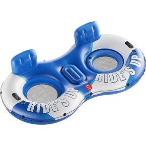 QPAU Inflatable Double River Tube, 2 Person 660lb Capacity, Puncture-Resistant 93" Sturdy Heavy Duty River Float, River Raft with Ergonomic Backrest, Cooler & Cup Holders for Family