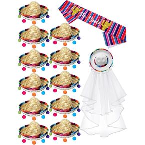 13 Pieces Fiesta Wedding Veil Bachelorette Party Decorations Fiesta Bachelorette Veil the Bride Sash 11 Bridesmaid Hat for Mexican Theme Bridal Shower Favor