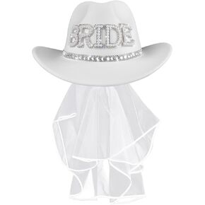 MGupzao Cowboy Hat and Veil - Bachelorette Party Decor, White Cowgirl Hat Wedding Bridal Shower favors, Bride to be Gift, Country Western Style