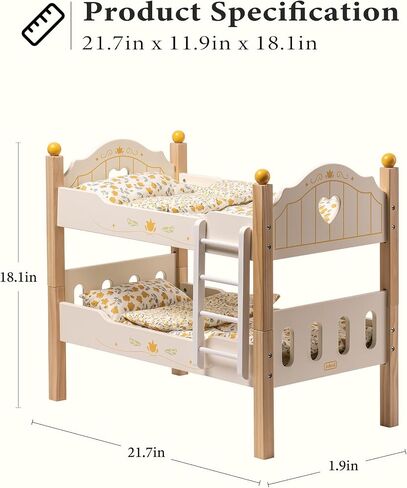 مجموعة سرير الدمية بطابقين من ROBUD Toys - سرير دمية أطفال خشبي مع سلالم وإكسسوارات للدمى مقاس 18 بوصة (سريرين، يناسب الفتيات الأمريكيات) in Saudi Arabia