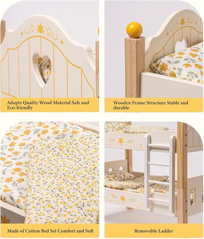 مجموعة سرير الدمية بطابقين من ROBUD Toys - سرير دمية أطفال خشبي مع سلالم وإكسسوارات للدمى مقاس 18 بوصة (سريرين، يناسب الفتيات الأمريكيات) in Saudi Arabia