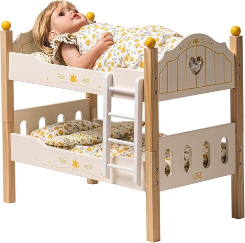 مجموعة سرير الدمية بطابقين من ROBUD Toys - سرير دمية أطفال خشبي مع سلالم وإكسسوارات للدمى مقاس 18 بوصة (سريرين، يناسب الفتيات الأمريكيات) in Saudi Arabia