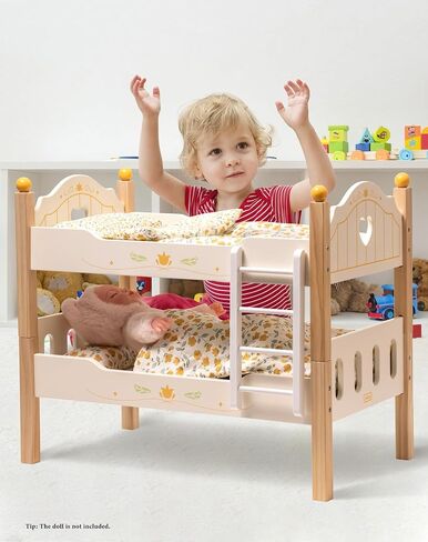 مجموعة سرير الدمية بطابقين من ROBUD Toys - سرير دمية أطفال خشبي مع سلالم وإكسسوارات للدمى مقاس 18 بوصة (سريرين، يناسب الفتيات الأمريكيات) in Saudi Arabia