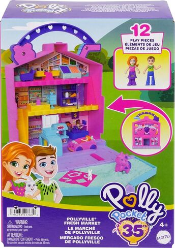 Polly Pocket Pollyville Fresh Market Dolls & Playset, Food Toy with 2 Micro Dolls, 12 Accessories Include Toy Car & Pet in Saudi Arabia