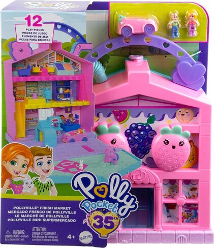 Polly Pocket Pollyville Fresh Market Dolls & Playset, Food Toy with 2 Micro Dolls, 12 Accessories Include Toy Car & Pet in Saudi Arabia
