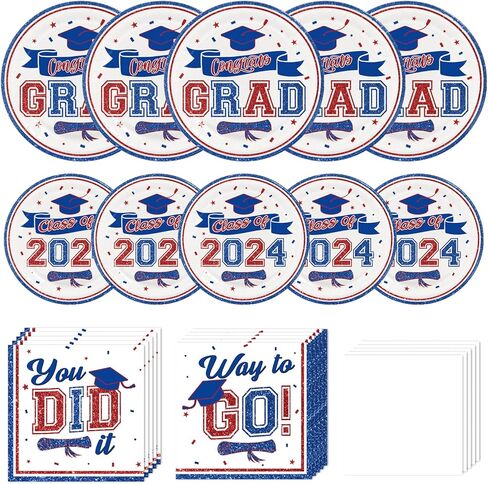 ديكورات التخرج من DAZONGE فئة 2024 باللون الأزرق، لوحات ومناديل التخرج للاستعمال مرة واحدة، لوازم حفلات التخرج اللامعة لـ 50 ضيفًا، 2024 ديكورات حفلات التخرج in Kuwait
