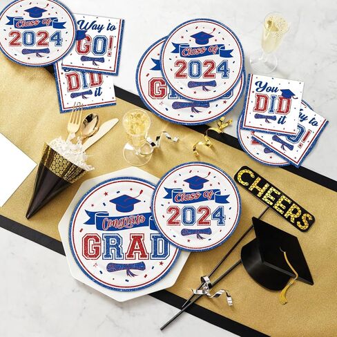 ديكورات التخرج من DAZONGE فئة 2024 باللون الأزرق، لوحات ومناديل التخرج للاستعمال مرة واحدة، لوازم حفلات التخرج اللامعة لـ 50 ضيفًا، 2024 ديكورات حفلات التخرج in Kuwait