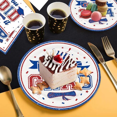 ديكورات التخرج من DAZONGE فئة 2024 باللون الأزرق، لوحات ومناديل التخرج للاستعمال مرة واحدة، لوازم حفلات التخرج اللامعة لـ 50 ضيفًا، 2024 ديكورات حفلات التخرج in Kuwait