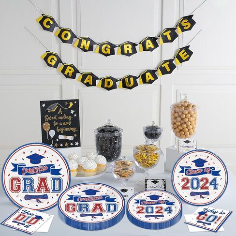 ديكورات التخرج من DAZONGE فئة 2024 باللون الأزرق، لوحات ومناديل التخرج للاستعمال مرة واحدة، لوازم حفلات التخرج اللامعة لـ 50 ضيفًا، 2024 ديكورات حفلات التخرج in Kuwait