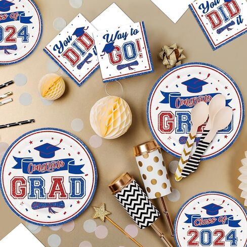 ديكورات التخرج من DAZONGE فئة 2024 باللون الأزرق، لوحات ومناديل التخرج للاستعمال مرة واحدة، لوازم حفلات التخرج اللامعة لـ 50 ضيفًا، 2024 ديكورات حفلات التخرج in Kuwait