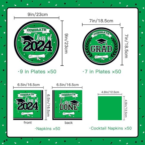 MOORAY Graduation Party Plates and Napkins 2024 Graduation Party Supplies Green Disposable Paper Plates Luncheon Napkins Cocktail Napkins for Congrats Grad Party Decorations, Serve 50 in Kuwait
