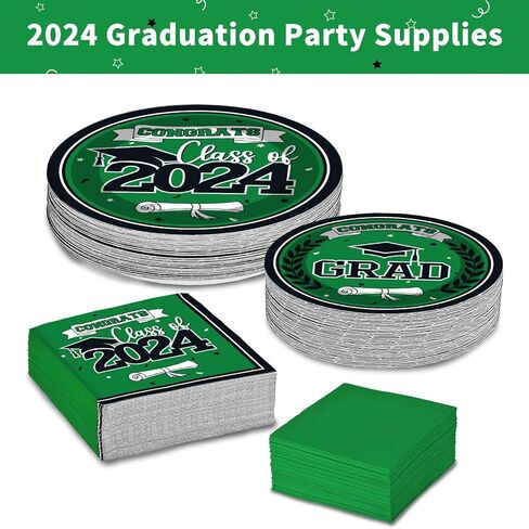 MOORAY Graduation Party Plates and Napkins 2024 Graduation Party Supplies Green Disposable Paper Plates Luncheon Napkins Cocktail Napkins for Congrats Grad Party Decorations, Serve 50 in Kuwait
