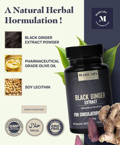 Marcapa Black Ginger Root Supplement - 60 Softgels | Organic Ginger Extract for Cardiovascular & Metabolic Support | Enhanced Energy & Endurance | Optimal Absorption with Olive Oil in Saudi Arabia