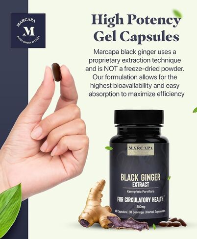 Marcapa Black Ginger Root Supplement - 60 Softgels | Organic Ginger Extract for Cardiovascular & Metabolic Support | Enhanced Energy & Endurance | Optimal Absorption with Olive Oil in Saudi Arabia