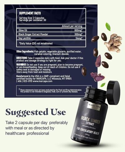 Marcapa Black Ginger Root Supplement - 60 Softgels | Organic Ginger Extract for Cardiovascular & Metabolic Support | Enhanced Energy & Endurance | Optimal Absorption with Olive Oil in Saudi Arabia