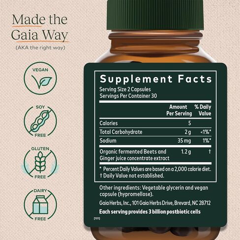 Gaia Herbs Ginger-Beet Postbiotic - مكمل لدعم صحة الأمعاء والقلب - مصنوع من البنجر والزنجبيل العضوي المخمر - خالي من منتجات الألبان وفول الصويا والغلوتين - 60 كبسولة نباتية (30 حصة) in Saudi Arabia