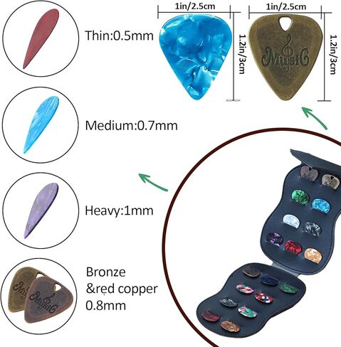18 حزمة من أعواد الجيتار مع حامل، تتضمن 0.5،0.7،0.8،1.0 مم، مجموعة متنوعة من ريش السيلولويد الملونة وأعواد جيتار كوبر البرونزية للباس، القيثارة، الجيتار الكهربائي الصوتي in Kuwait